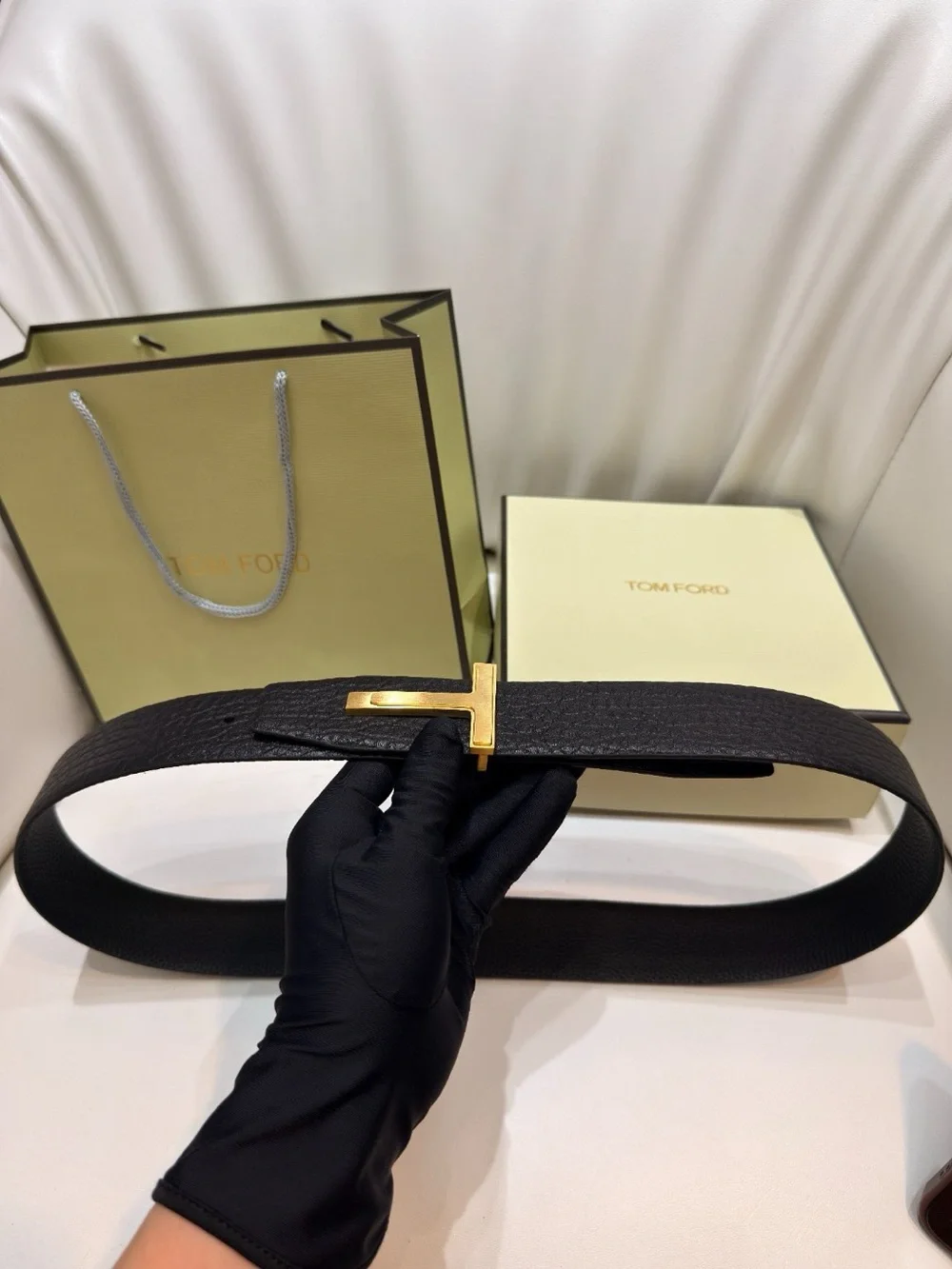 Tom Ford Black Leather Belt with Gold T Buckle